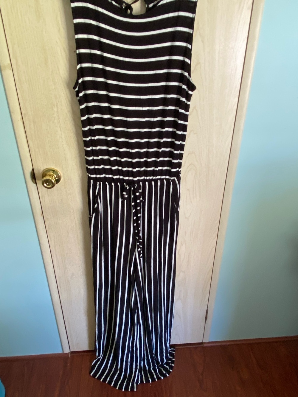 Zenana Striped Jumpsuit Sleeveless Straight Leg Black/White Belted Sz XL